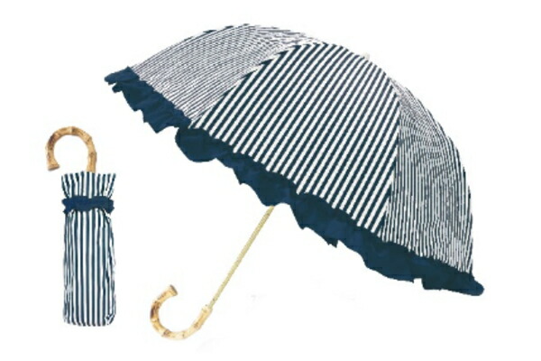✨️新品未使用✨️サンバリア 折りたたみ傘 ネイビー/ストライプ フリル付き ✨️新品未使用✨️サンバリア 折りたたみ傘 ネイビー