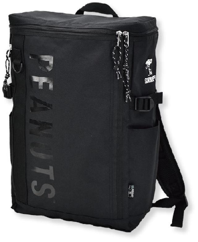 マリSPZ-3365　【スヌーピー】【SNOOPY】ボックスリュック【ブラック】【黒】【ロゴ】【RE-PET】【ウッドストック】【ピーナッツ】【すぬーぴー】【かばん】【カバン】【バッグ】【鞄】【バックパック】【収納】【お出かけ】【アウトドア】【雑貨】【グ