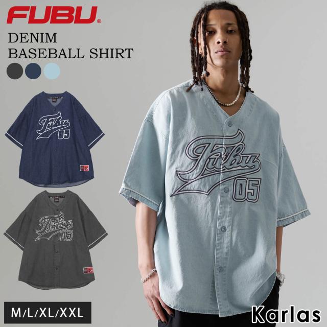 FUBU フブ ベースボールシャツ トップス 半袖 メンズ レディース デニム 綿100 男女兼用 野球 ユニフォーム アメカジ ストリート系 ヒップホップ hiphop B系 2024ss karlas