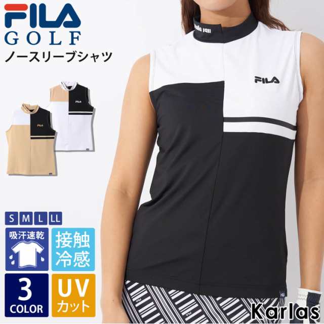 【在庫売り尽くし!】 FILA GOLF フィラゴルフ ノースリーブ レディース ゴルフウェア 接触冷感 吸汗速乾 UVカット スポーツブランド 春 夏 モックネックトップス おしゃれ 可愛い 紫外線 日焼け 首やけ対策 配色切替 S M L LL 白 黒 2024SS outfitの通販は