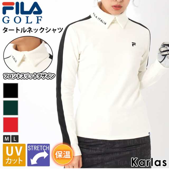 【30％OFF】FILA GOLF フィラゴルフ ゴルフウェア シャツ 長袖 レディース タートルネック ブランド 秋 冬 UVカット ストレッチ 保温 防寒 スポーツ 黒 白 赤 緑 ロゴ ライン M L 2023fw karlasの通販は