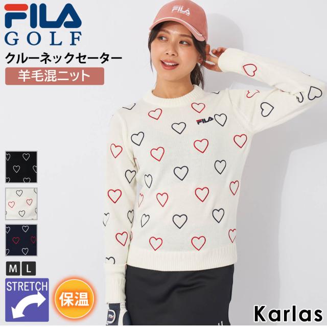 FILA GOLF フィラゴルフ ゴルフウェア セーター 長袖 レディース クルーネック ブランド 秋 冬 ストレッチ 保温 防寒 スポーツ 黒 白 紺 の通販は