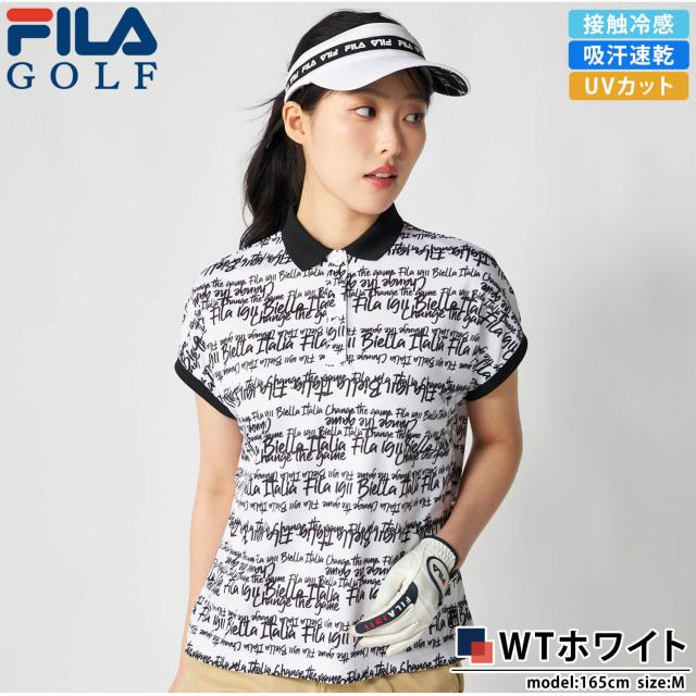 FILA GOLFフィラ ゴルフ スポーツシャツ レディース 半袖 当たること冷感 吸汗速乾 UVはね除ける 2026SS 756-666 トップス ゴルフ御召しもの 総柄 タイポグラフィ スポーティ 心地よい 白いこと 黒いこと 黄色 M L LL 3L 途轍も無い大きさ karlas