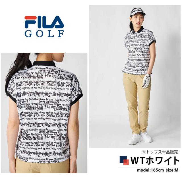 FILA GOLFフィラ ゴルフ スポーツシャツ レディース 半袖 当たること冷感 吸汗速乾 UVはね除ける 2026SS 756-666 トップス ゴルフ御召しもの 総柄 タイポグラフィ スポーティ 心地よい 白いこと 黒いこと 黄色 M L LL 3L 途轍も無い大きさ karlas