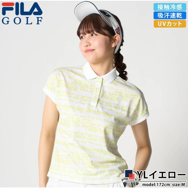 FILA GOLFフィラ ゴルフ スポーツシャツ レディース 半袖 当たること冷感 吸汗速乾 UVはね除ける 2026SS 756-666 トップス ゴルフ御召しもの 総柄 タイポグラフィ スポーティ 心地よい 白いこと 黒いこと 黄色 M L LL 3L 途轍も無い大きさ karlas