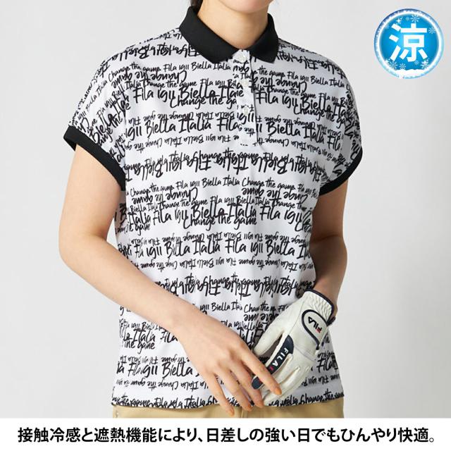 FILA GOLFフィラ ゴルフ スポーツシャツ レディース 半袖 当たること冷感 吸汗速乾 UVはね除ける 2026SS 756-666 トップス ゴルフ御召しもの 総柄 タイポグラフィ スポーティ 心地よい 白いこと 黒いこと 黄色 M L LL 3L 途轍も無い大きさ karlas