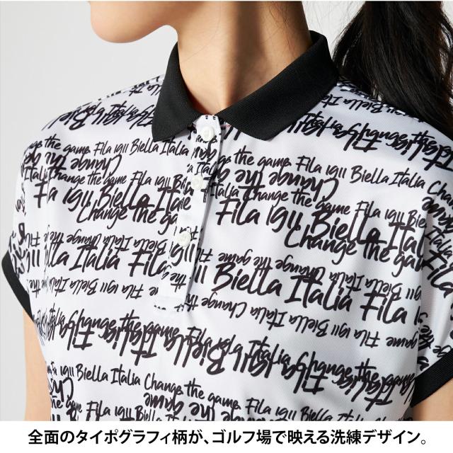 FILA GOLFフィラ ゴルフ スポーツシャツ レディース 半袖 当たること冷感 吸汗速乾 UVはね除ける 2026SS 756-666 トップス ゴルフ御召しもの 総柄 タイポグラフィ スポーティ 心地よい 白いこと 黒いこと 黄色 M L LL 3L 途轍も無い大きさ karlas