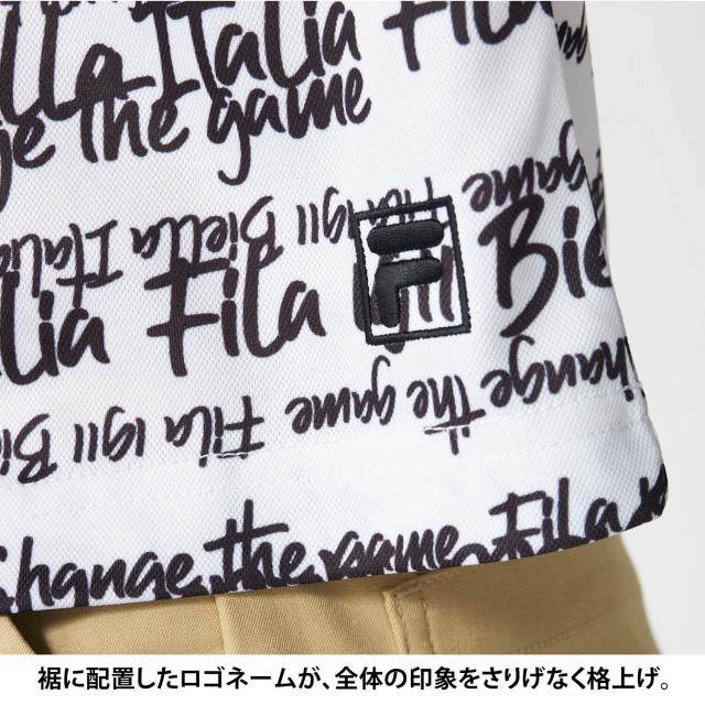 FILA GOLFフィラ ゴルフ スポーツシャツ レディース 半袖 当たること冷感 吸汗速乾 UVはね除ける 2026SS 756-666 トップス ゴルフ御召しもの 総柄 タイポグラフィ スポーティ 心地よい 白いこと 黒いこと 黄色 M L LL 3L 途轍も無い大きさ karlas