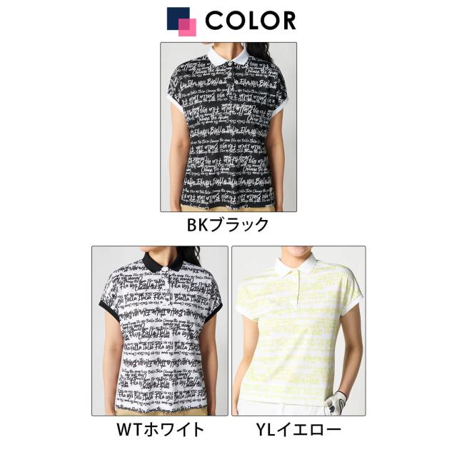 FILA GOLFフィラ ゴルフ スポーツシャツ レディース 半袖 当たること冷感 吸汗速乾 UVはね除ける 2026SS 756-666 トップス ゴルフ御召しもの 総柄 タイポグラフィ スポーティ 心地よい 白いこと 黒いこと 黄色 M L LL 3L 途轍も無い大きさ karlas