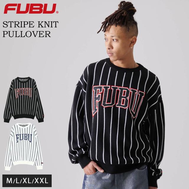 FUBU フブ セーター メンズ 長袖 春 秋 冬 ニット アクリル ストライプ 綿混 クルーネック トップス ブランド ロゴ 大きいサイズ ゆったり XL XXL オーバーサイズ アメカジ レディース 2025sp outfitの通販は