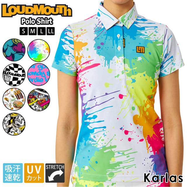 【30%OFFセール】 ラウドマウス ゴルフウェア トップス ポロシャツ レディース 春夏  半袖 スポーツブランド 吸汗速乾 ドライ UVカット 紫外線対策 ストレッチ 伸縮性 鹿の子素材 総柄 ロゴ プリント おしゃれ 派手 Loudmouth 2024ss outfit