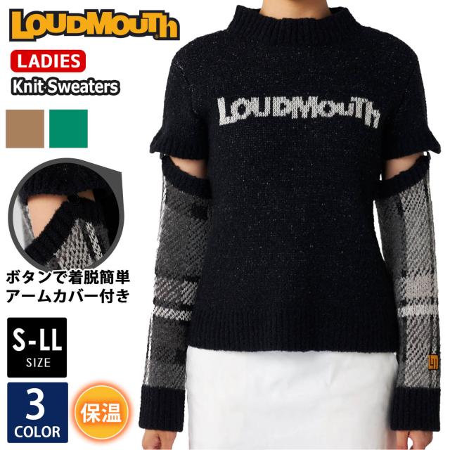 ラウドマウス ゴルフウェア レディース セーター 半袖 長袖 ニット ブランド ロゴ 秋 冬 アームカバー付き フレンチ袖 着脱可能 ツイード調 モックネック プルオーバー トップス 寒暖差対策 防寒 おしゃれ カジュアル 黒 Loudmouth 2024FW outfit