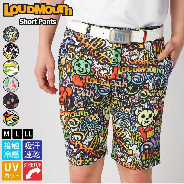 【30%OFF】ラウドマウス ゴルフウェア ショートパンツ メンズ ハーフパンツ スポーツブランド 吸汗速乾 UVカット 接触冷感 遮熱 ストレッチ 総柄 派手 ワンポイント ロゴ Dカン付き ボトムス M L LL Loudmouth 2025ss