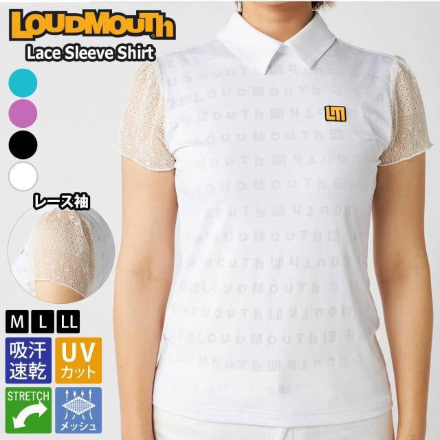【30％OFF】LOUDMOUTH ラウドマウス ゴルフウェア レディース ポロシャツ 半袖 台衿付きシャツ 吸汗速乾 ドライ UVカット ストレッチ 伸縮性 メッシュ 後ろボタン仕様 袖レース おしゃれ きれいめトップス スポーツウェア 白 黒 2025ss karlas