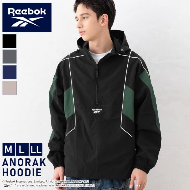 Reebok リーボック アノラックパーカー メンズ ハーフジップ ライトアウター フード付き スポーツブランド ロゴ 春 秋 軽量 軽い ゆったり 大きめ オーバーサイズ ウインドブレーカー ナイロンジャケット アウトドア レディース M L LL 黒 2025ss