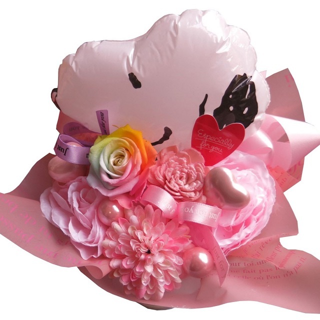 入学祝い プレゼント お花 花 枯れない花 スヌーピー 花束風 レインボーローズ プリザーブドフラワー 入り ケース付き スヌーピーバルーン ◆バルーンは萎みにくい弁付きです ◆レインボーローズの花言葉は奇跡