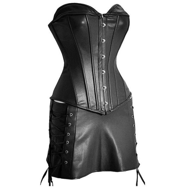 ブラックレザースーツ コルセットとミニスカート S M L 黒色 皮 革