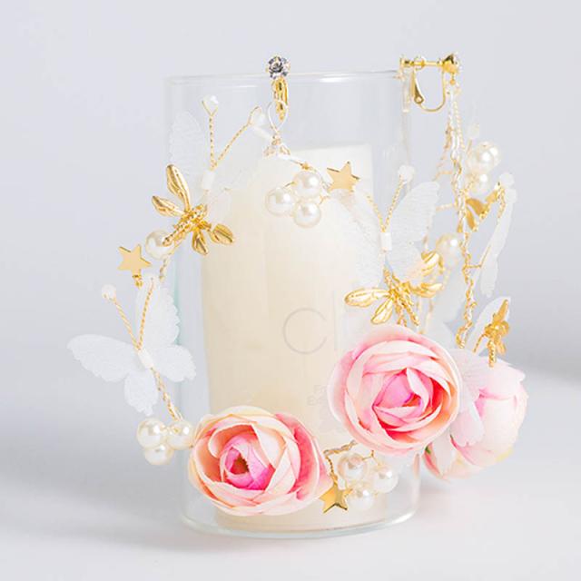 ウエディングフラワーパールバタフライリースイヤリング(1ペア) 両耳 真珠 星 スター ゴールド 金色 薔薇 バラ ローズ ピンク チョウ 蝶 トンの通販は