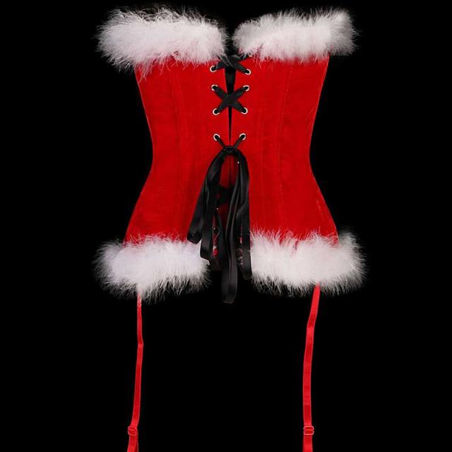 サンタクロース ガーターベルト付き コルセット S M L 黒いリボン 白いファー ベルベット 赤色 レッド クリスマス  ボディースーツ コスプレ 衣装 補正下着 コスチューム SM ボンデージ 大人 仮装 拘束具 レースアップ ドレス ブラ ベスト ビスチェ ウエスト レディース 女性_2