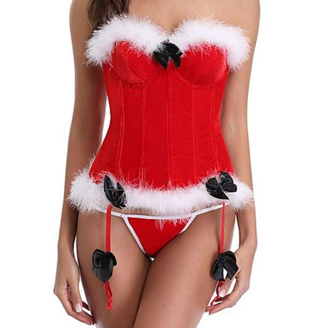 サンタクロース ガーターベルト付き コルセット S M L 黒いリボン 白いファー ベルベット 赤色 レッド クリスマス  ボディースーツ コスプレ 衣装 補正下着 コスチューム SM ボンデージ 大人 仮装 拘束具 レースアップ ドレス ブラ ベスト ビスチェ ウエスト レディース 女性_4