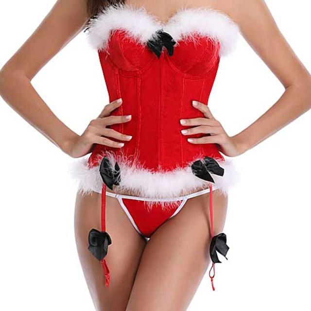 サンタクロース ガーターベルト付き コルセット S M L 黒いリボン 白いファー ベルベット 赤色 レッド クリスマス  ボディースーツ コスプレ 衣装 補正下着 コスチューム SM ボンデージ 大人 仮装 拘束具 レースアップ ドレス ブラ ベスト ビスチェ ウエスト レディース 女性_5