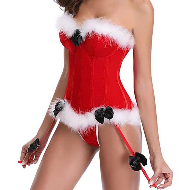 サンタクロース ガーターベルト付き コルセット S M L 黒いリボン 白いファー ベルベット 赤色 レッド クリスマス  ボディースーツ コスプレ 衣装 補正下着 コスチューム SM ボンデージ 大人 仮装 拘束具 レースアップ ドレス ブラ ベスト ビスチェ ウエスト レディース 女性_6