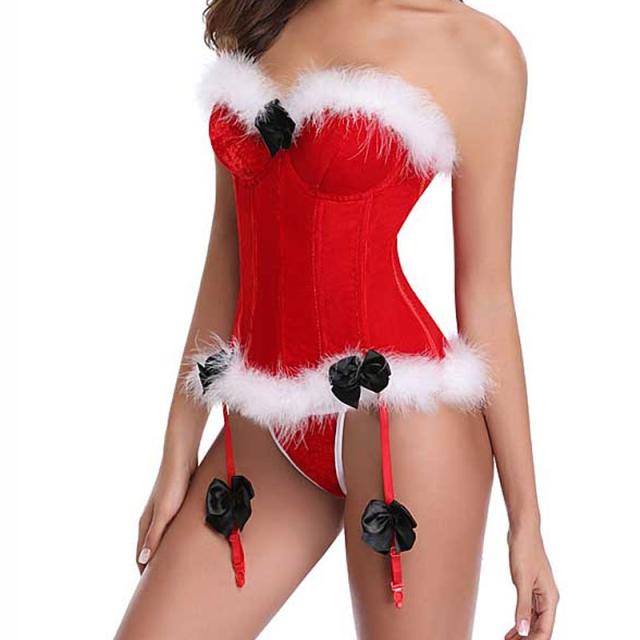 サンタクロース ガーターベルト付き コルセット S M L 黒いリボン 白いファー ベルベット 赤色 レッド クリスマス  ボディースーツ コスプレ 衣装 補正下着 コスチューム SM ボンデージ 大人 仮装 拘束具 レースアップ ドレス ブラ ベスト ビスチェ ウエスト レディース 女性_7