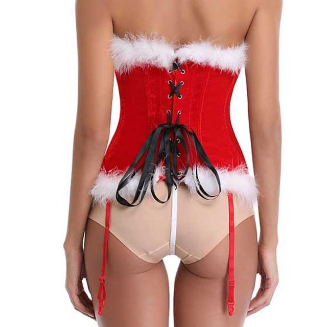 サンタクロース ガーターベルト付き コルセット S M L 黒いリボン 白いファー ベルベット 赤色 レッド クリスマス  ボディースーツ コスプレ 衣装 補正下着 コスチューム SM ボンデージ 大人 仮装 拘束具 レースアップ ドレス ブラ ベスト ビスチェ ウエスト レディース 女性_8