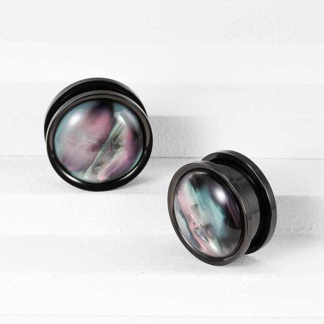【再0128】ピアス ブラックオパール※超高品質 2G 0G 00G 12mm ボディピアス ] ゴールド＆ブラック オパール トンネル