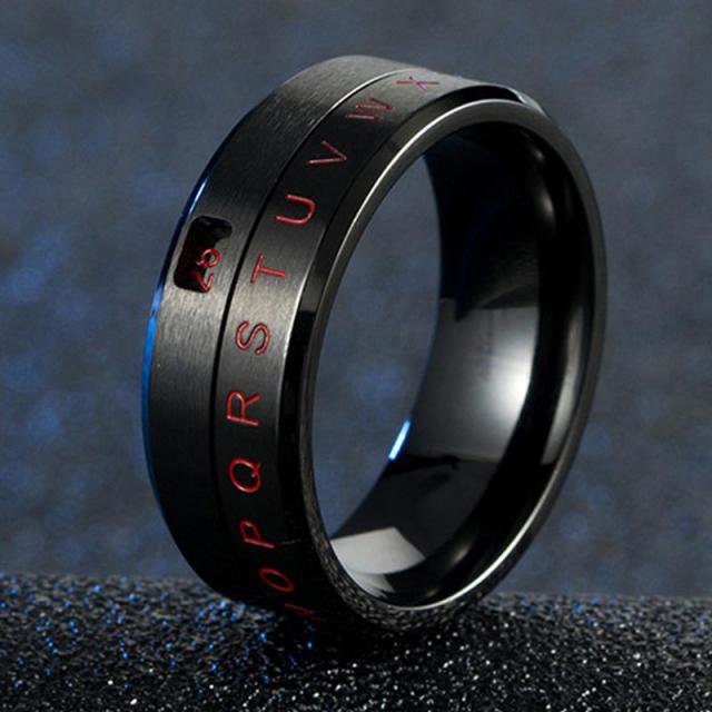 ブラックダイヤルナンバーアルファベットスピンステンレスリング（RXL006） サイズ/16号/19号 サージカルステンレス316L メンズ レディース 男 女 ペアリング プレゼント 記念日 ギフト 人気 お洒落 おっしゃれ 彼氏 彼女 黒色 英語 数字 イニシャル 文字の通販は 5,500円