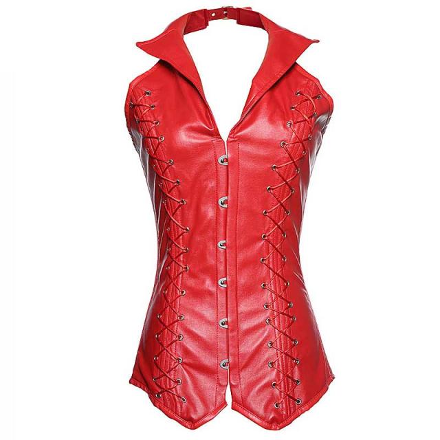 襟付きレッドレザースーツ コルセット S M L 赤色 皮 革 ボディースーツ コスプレ 衣装 補正下着 セクシー コスチューム SM嬢風 ボンデージ 大人 ハロウィン 仮装 ドレス 拘束具 レースアップ オーバーバスト ブラ ベスト ビスチェ 仮装 セクシー アダルト レディースの通販はゴシック・ロリータ