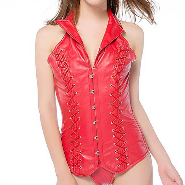 襟付きレッドレザースーツ コルセット S M L 赤色 皮 革 ボディースーツ コスプレ 衣装 補正下着 セクシー コスチューム SM嬢風 ボンデージ 大人 ハロウィン 仮装 ドレス 拘束具 レースアップ オーバーバスト ブラ ベスト ビスチェ 仮装 セクシー アダルト レディースの通販は