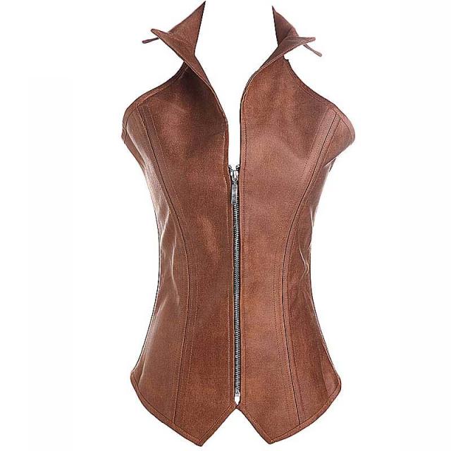 襟付きベージュレザースーツ コルセット S M L 茶色 皮 革 ボディー