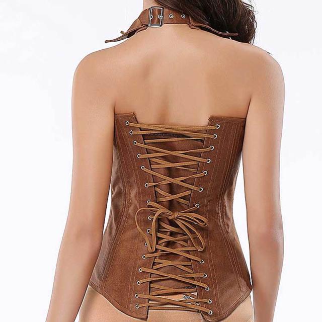 襟付きベージュレザースーツ コルセット S M L 茶色 皮 革 ボディー