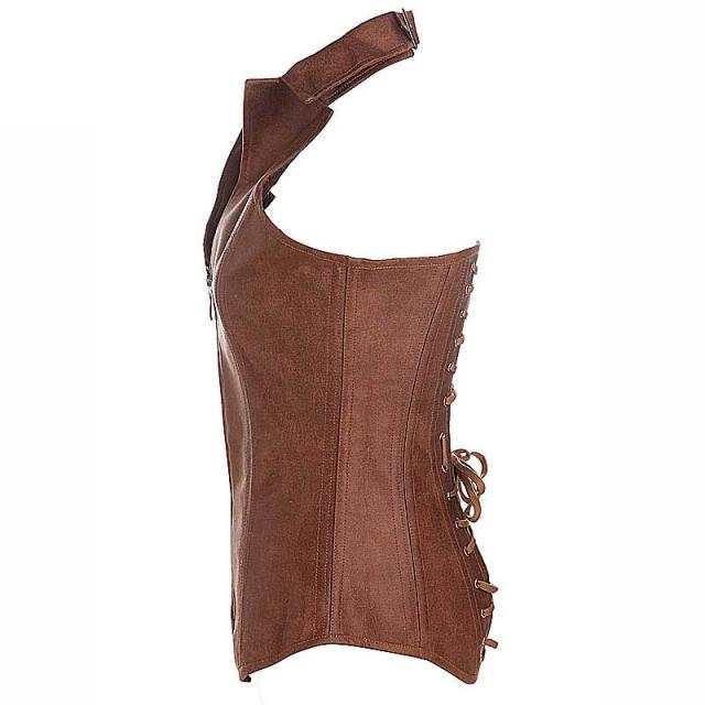 襟付きベージュレザースーツ コルセット S M L 茶色 皮 革 ボディー