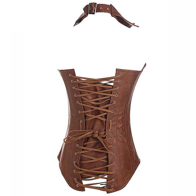 襟付きベージュレザースーツ コルセット S M L 茶色 皮 革 ボディー