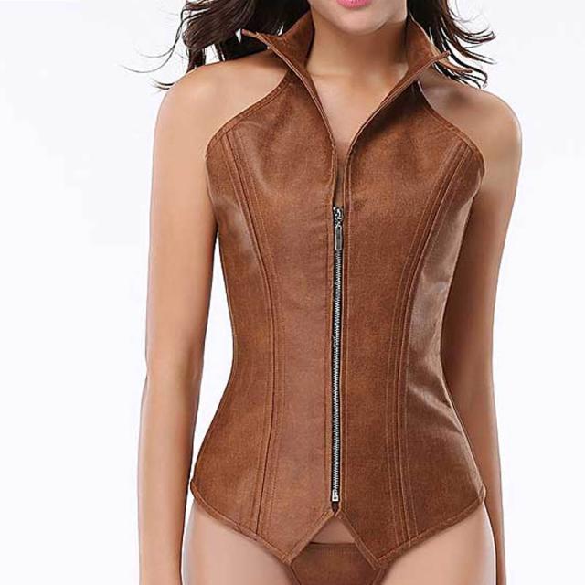 襟付きベージュレザースーツ コルセット S M L 茶色 皮 革 ボディー