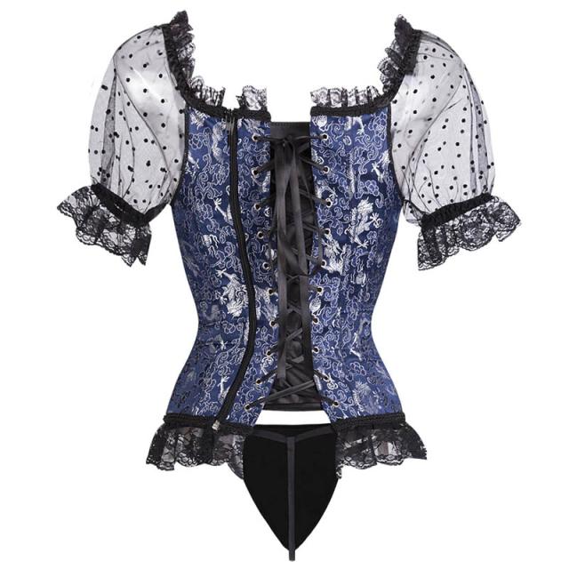 ブルーブラック レースコルセット S M L 青色 黒色 ボディースーツ