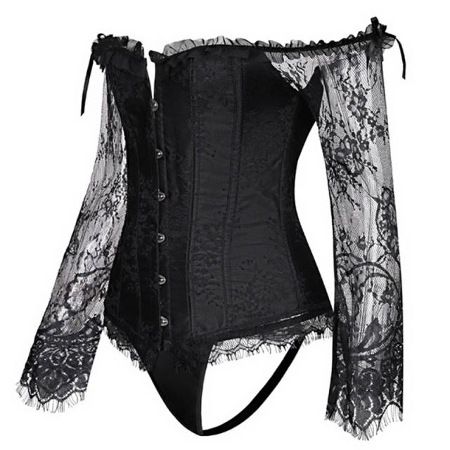 ハロウィン*コスチューム*コスプレ*レース*黒*ボディースーツ ブラック ロングレーススリーブ コルセット S M L 黒色 ボディー