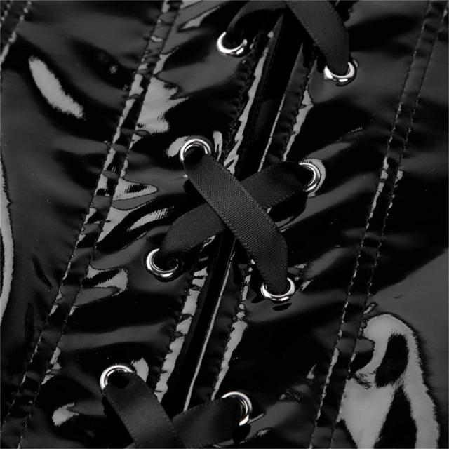 エナメル調ジッパーブラックレザーウエスト コルセット S M L XL 黒色