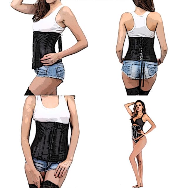 エナメル調ジッパーブラックレザーウエスト コルセット S M L XL 黒色