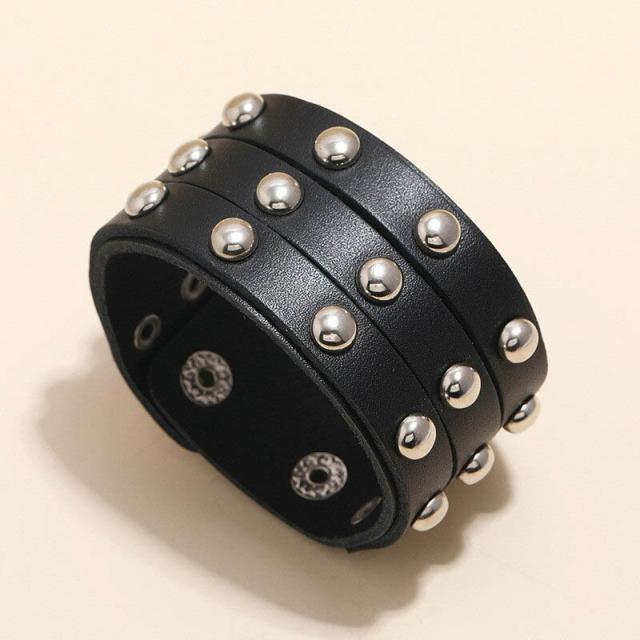 3連風 パンクスタッズラップ ストライプレザーブレスレット 1個販売