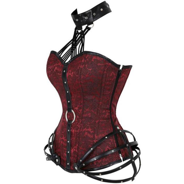 スレイブネックレス ドレススーツ ボディスーツ コルセット S M L XL 茶色 コスプレ 衣装 補正下着 コスチューム SM ボンデージ 大人 ハロウィン 仮装 レースアップ ホルターネック ビスチェ 鎧 人気 レディース メンズ ファスナー 黒色 レッド 赤色 ボンデージ 貴族 中世_1