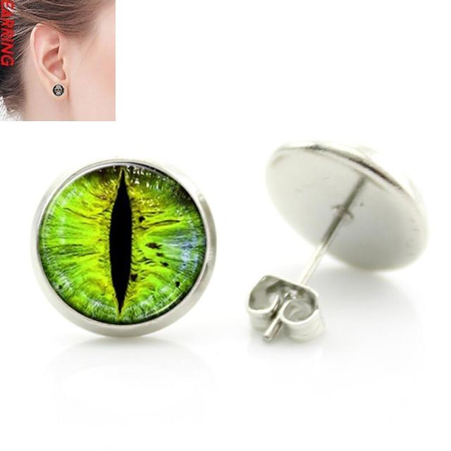 14mm カボションピアス (グリーンアイ) 1ペア 両耳 緑の目 眼 目玉