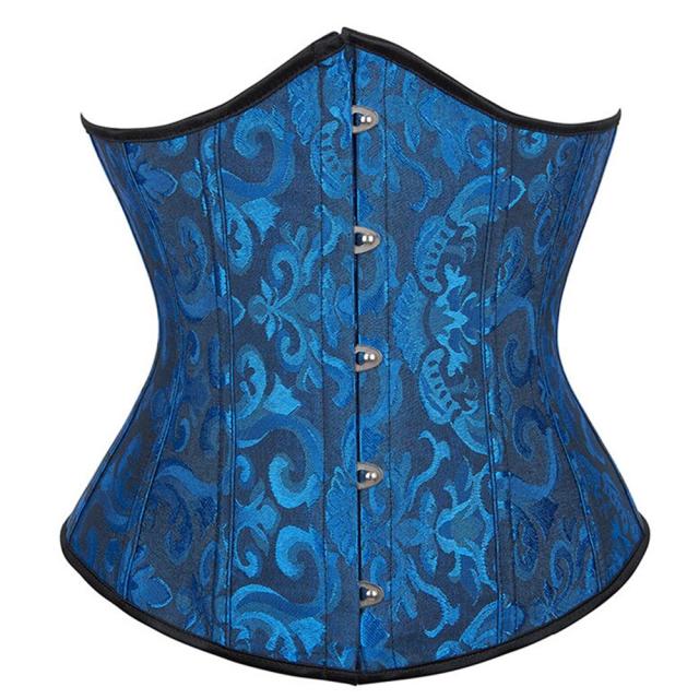 カラー刺繍 コルセット S M L XL 青色 コットン フック ボディースーツ