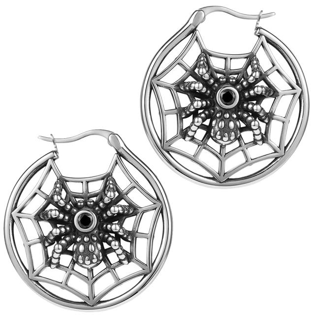 ブラックスパイダーステンレスフープピアス 1ペア販売 片耳 ステンレス製 メンズ レディース ステンレスピアス リングピアス 18G 18ゲージ 男性 女性 プレゼント ギフト 蜘蛛の巣 クモ くも ジュエル 黒色 ストーン 石付き クリスタル つけっぱなし 着けっぱなし 耳 ロブ用
