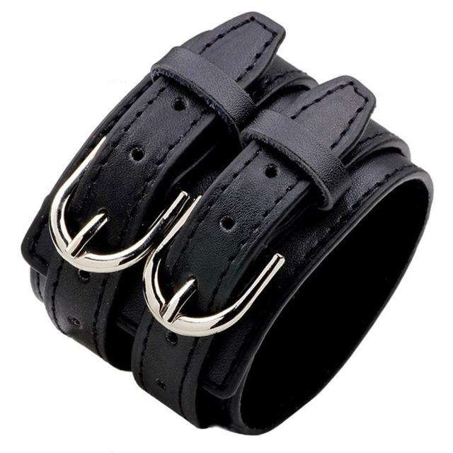 ダブルバックルブラックレザーブレスレット 黒色 手首 ワイド 幅