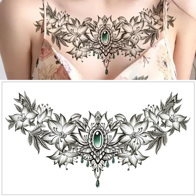 [チェスト バック ショルダー] フェイクタトゥーステッカー 1個販売 背中用 胸部用 肩用 横長タイプ 花 フラワー 宝石 ネックレスのよう メンズ レディース 水で貼る コスプレ 刺青 シール 入墨 小道具 映画 テレビ 舞台 仮装 ハロウィン 大きい 太もも 腕