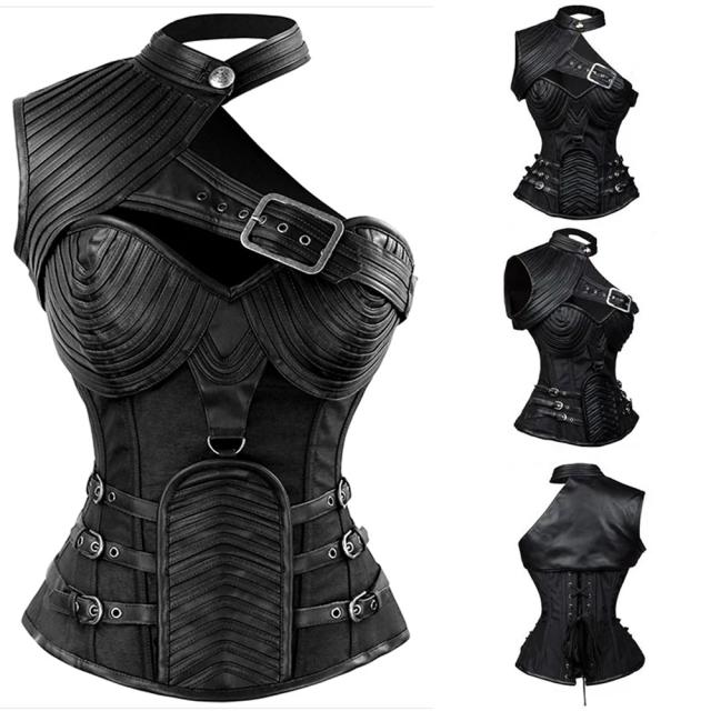 ショルダーガード付きブラックレザースーツ コルセット S M L 黒色 皮 革 ボディースーツ コスプレ 衣装 補正下着 コスチューム SM嬢風 ボンデージ 大人 ハロウィン 仮装 ドレス 拘束具 レースアップ ベスト ビスチェ ウエスト 鎧 甲冑 肩当 肩当て レディース 女性 変装