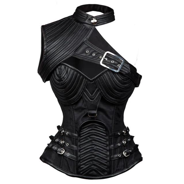 ショルダーガード付きブラックレザースーツ コルセット S M L 黒色 皮 革 ボディースーツ コスプレ 衣装 補正下着 コスチューム SM嬢風 ボンデージ 大人 ハロウィン 仮装 ドレス 拘束具 レースアップ ベスト ビスチェ ウエスト 鎧 甲冑 肩当 肩当て レディース 女性 変装_4